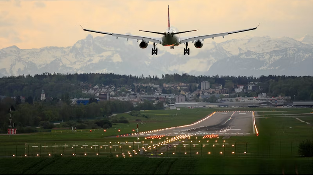 Aircraft landing near mountains